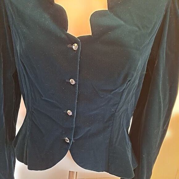 Vintage Velvet Jacket Teal Crystal Buttons Scalloped VNeck Edge Size 11/12 Y2K - Picture 6 of 10